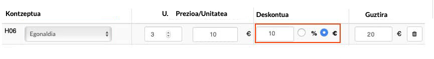 txakur egoitzako deskontu lerroak fakturan
