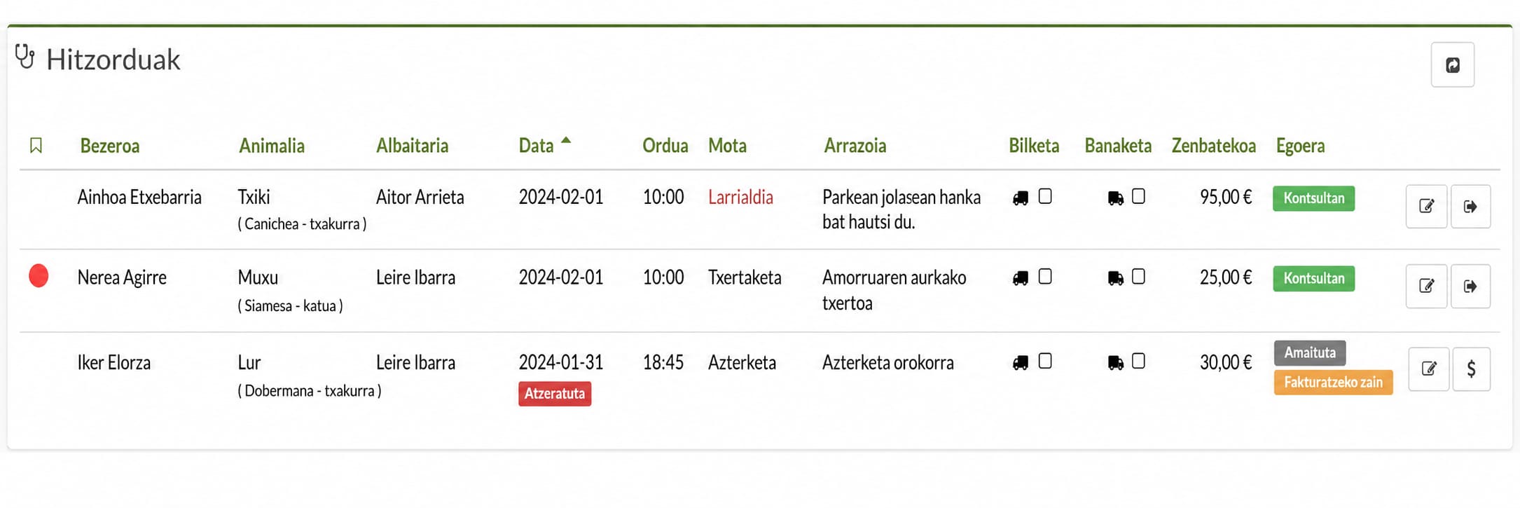 albaitarientzako softwarean kontsultak eta hitzorduak kudeatzeko agenda