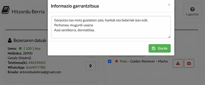 txakur-apaindegiko maskotaren oharrak eta gustuak kudeatzeko softwarea