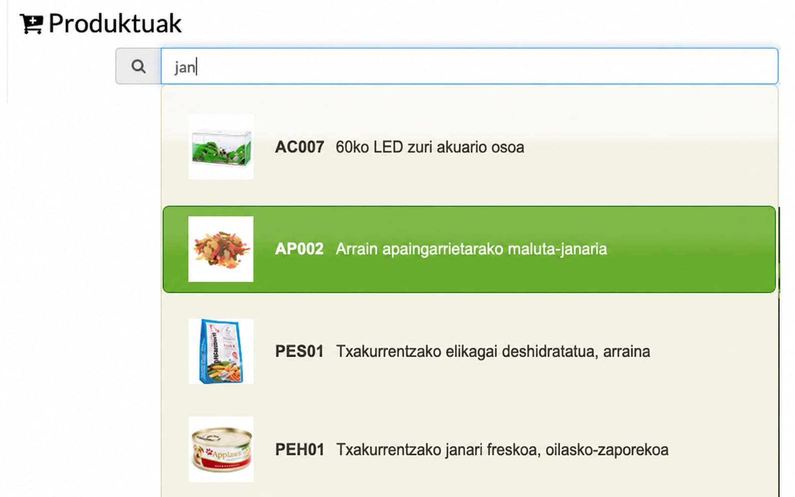 maskota-dendako aplikazioan produktuak bilatu eta eskaerara gehitzea