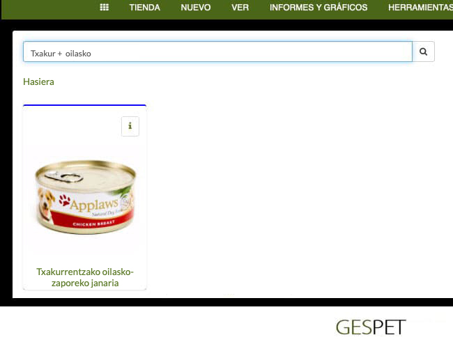 animalia dendako produktuen bilaketa konbinatuak TPV softwarean