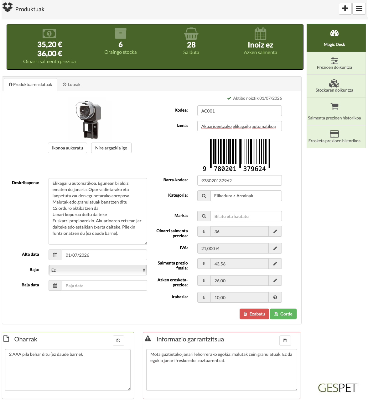 maskoten dendako produktuaren fitxa salmenta prezioa stocka eta kostua kudeatzeko