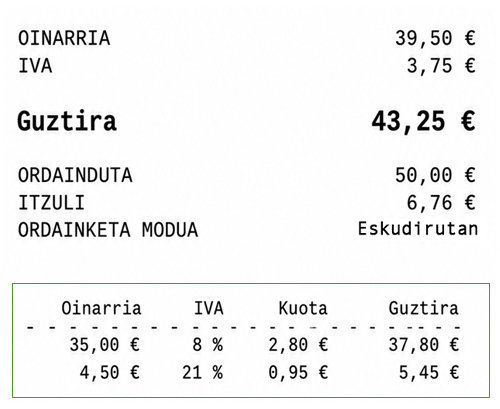 maskoten dendako ticket batean BEZ eta zerga desberdinak bereizita