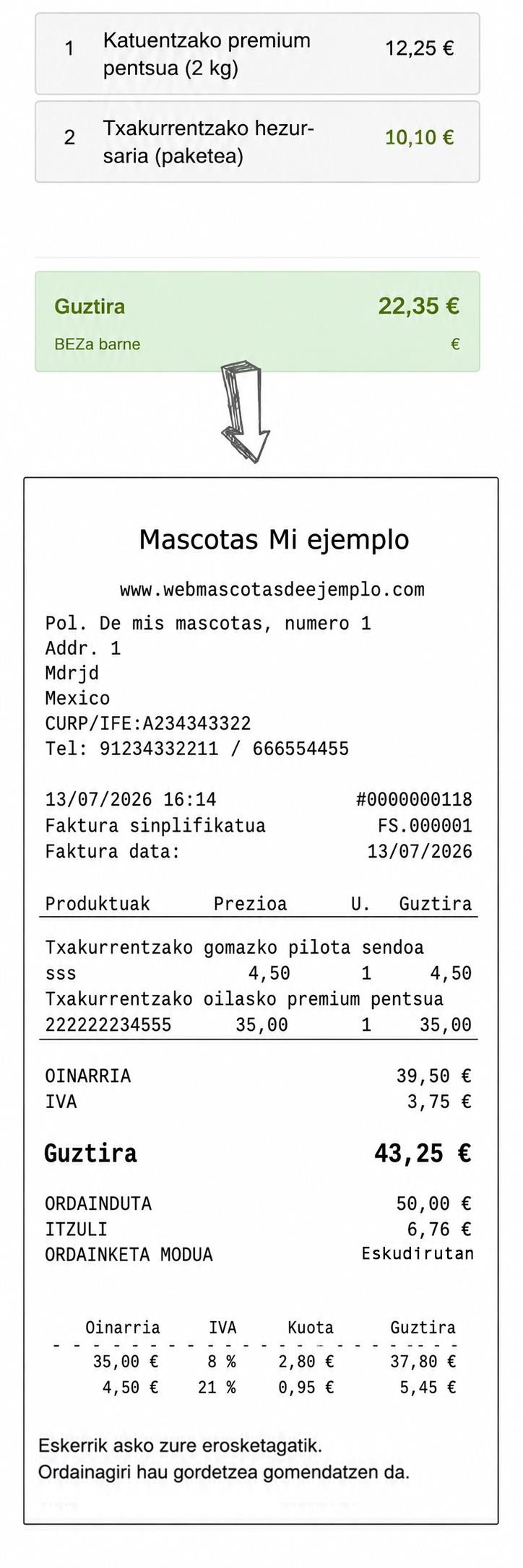 maskoten dendako TPV ticket inprimatua produktuak eta prezioak erakutsiz