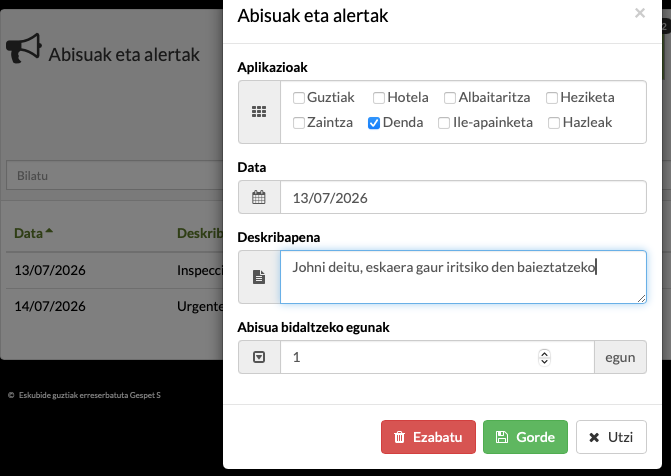 maskoten dendako bezeroentzako abisu automatikoak eta komunikazioak