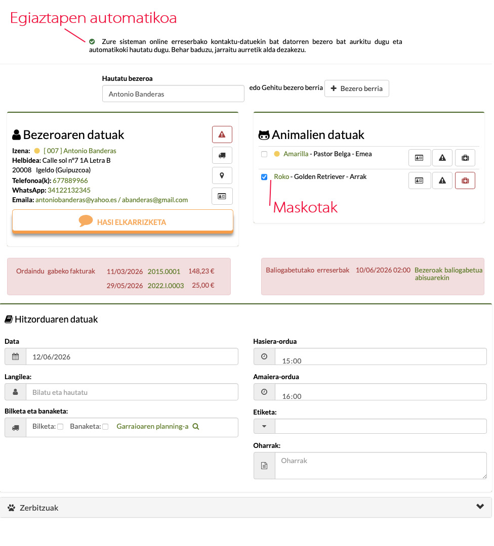 Online hitzorduak eta online erreserbak kudeatzeko softwarea maskoten negozioentzat, datak, maskotak eta abisuak pantaila bakarrean