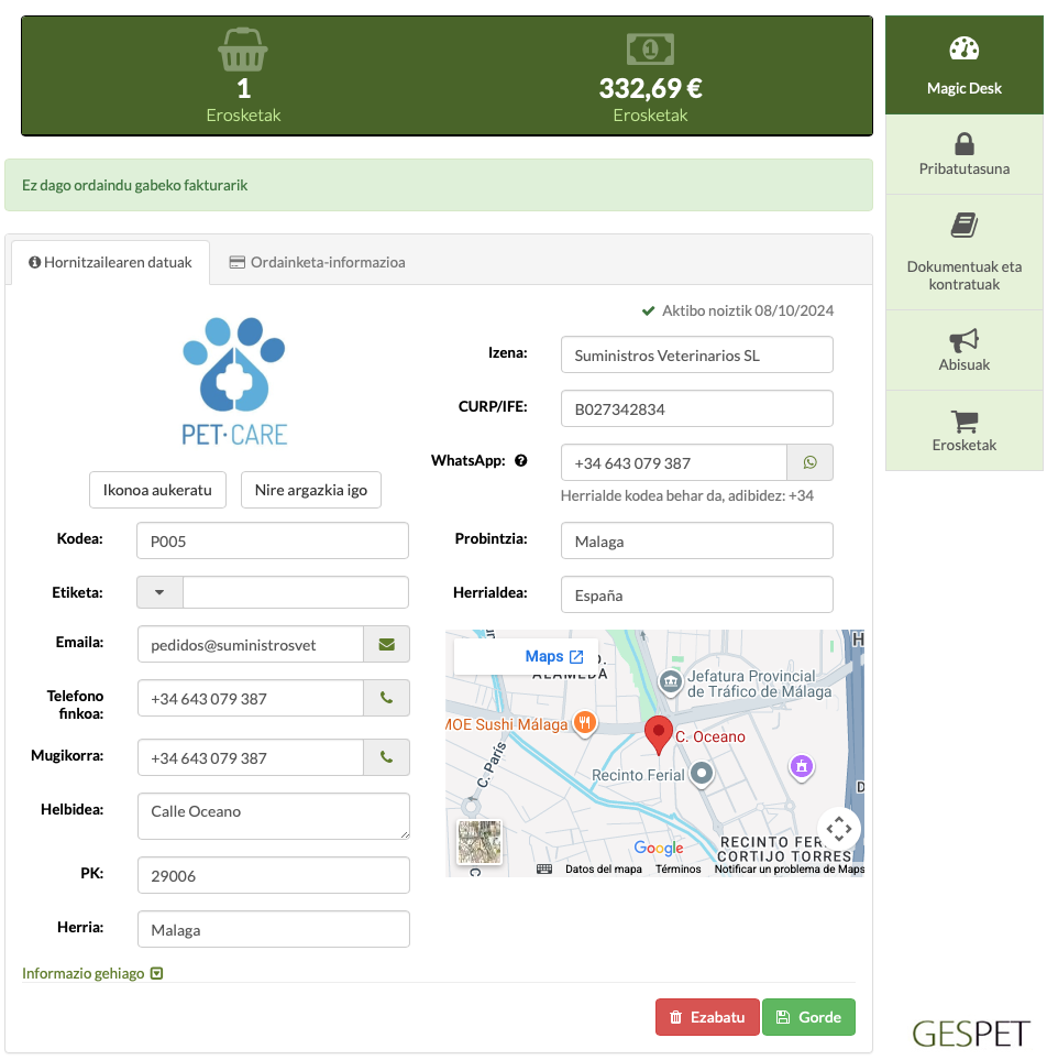 maskota-dendako softwarean hornitzailearen fitxa eta erosketak kudeatzea