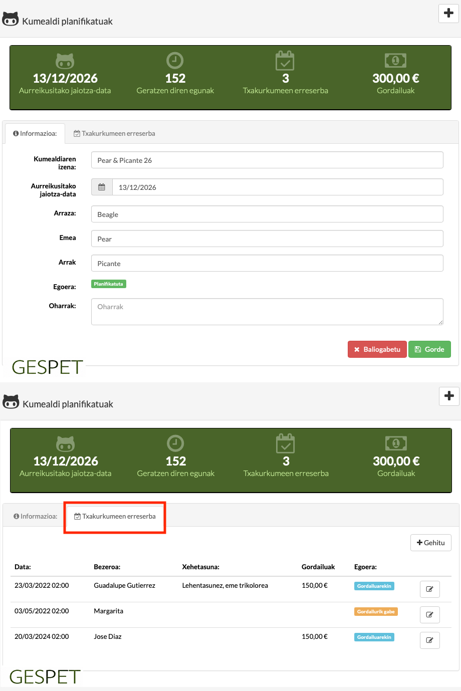 planifikatutako kumaldi baten erreserbak eta gordailuak kudeatzeko softwarea