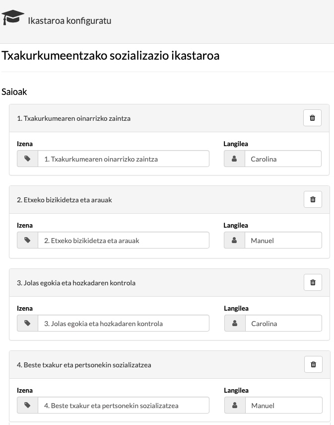 txakurren heziketa ikastaro bateko saioak planifikatzeko programa