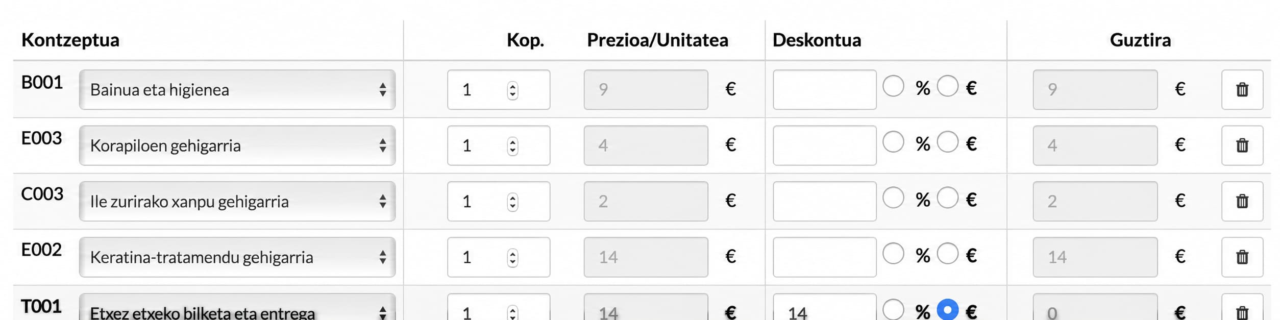 maskoten ile-apaindegiko fakturazioa zerbitzu bereziekin txakur-apaindegiko zerbitzu bereziak gehitu eta fakturatzeko pantaila