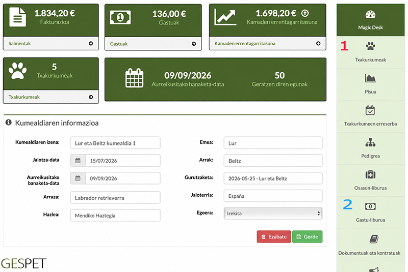 txakur-haztegiko softwarean kumaldiak txakurkumeak eta erreserbak kudeatzeko fitxa